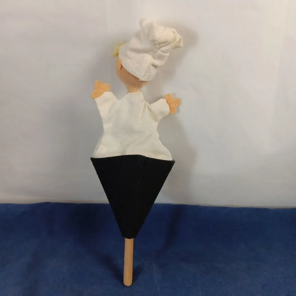 Pop Up Puppet Chef Vintage Wood Handle Chef Hat Blonde Hair Handmade